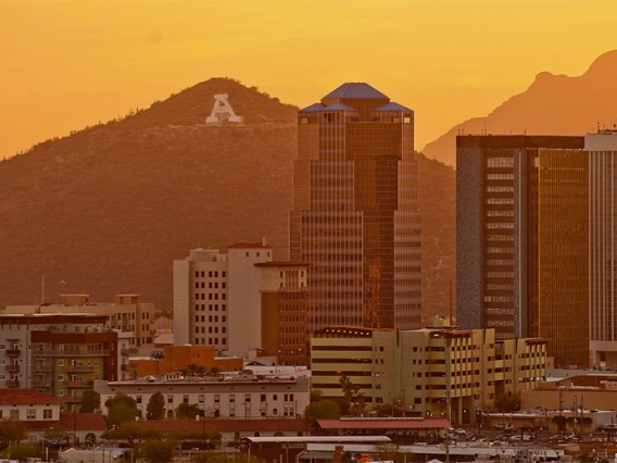 Downtown Tucson and Sentinel Peak at sunset