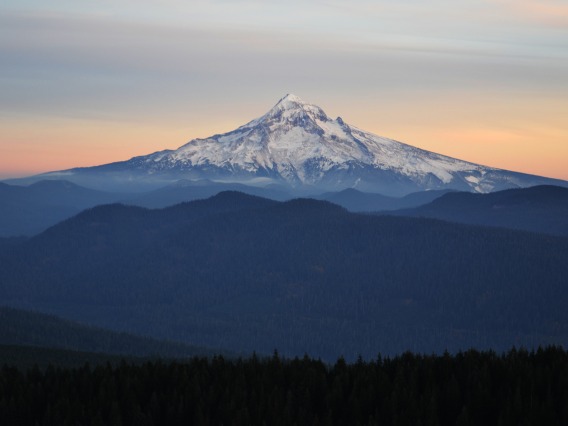 Mount Hood at dusk, viewed from a distance