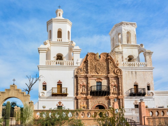 A photo of the San Xavier del Bac Mission in Tucson Arizona