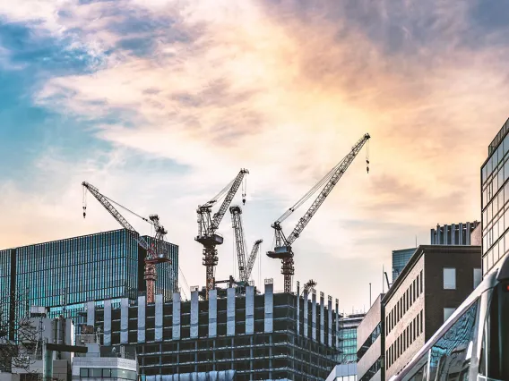 Downtown under construction with sunset