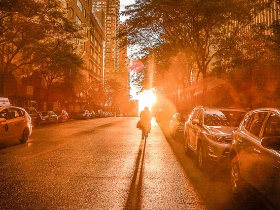 Sunlit urban street with cyclist