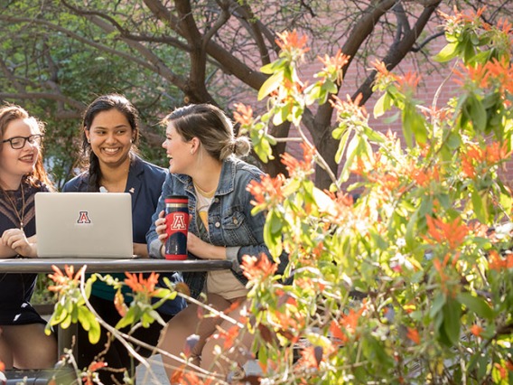 CAPLA students with laptop in Underwood Garden