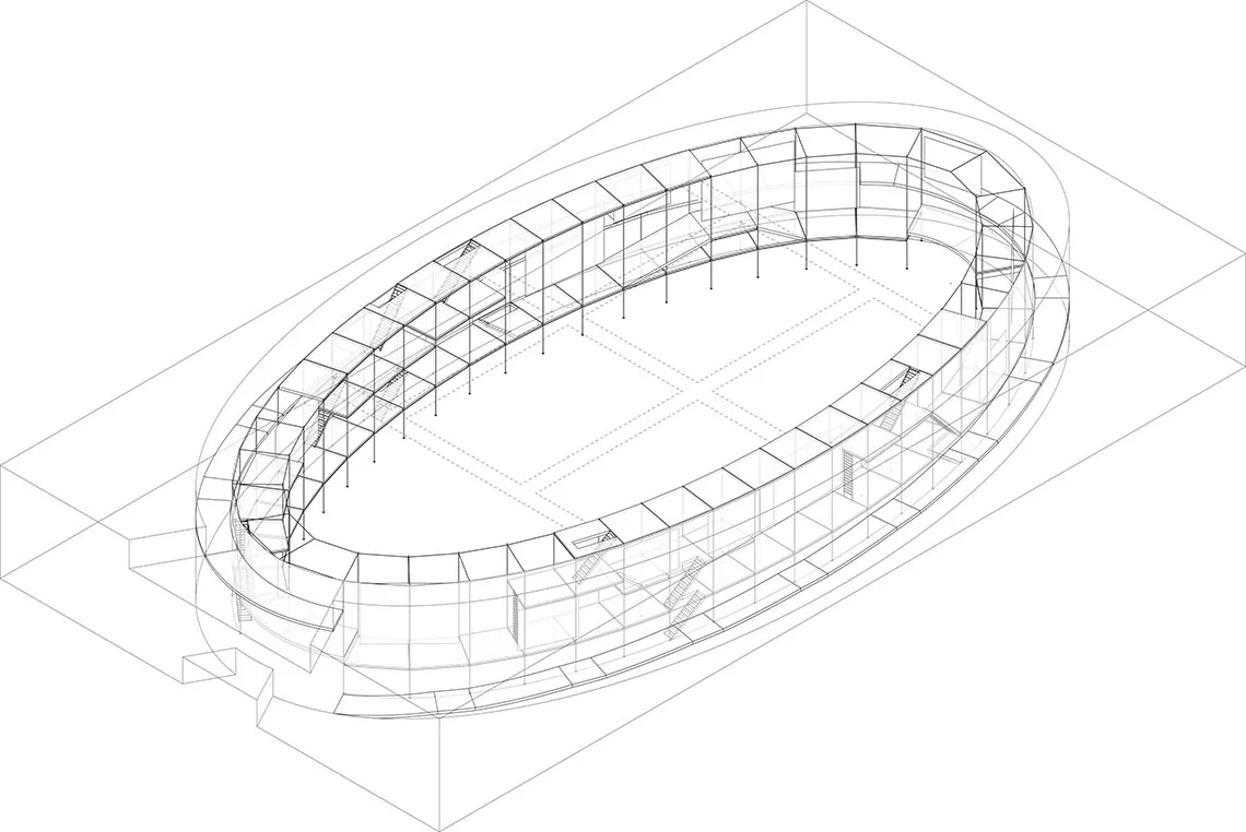 The Future of Work (2000), Jean Nouvel (AJN) and Frédéric Flamand (Charleroi/Danses), Hanover, Germany. Digital drawing, Beth Weinstein with Di Lê and Cristobal Flores (2014-2023).