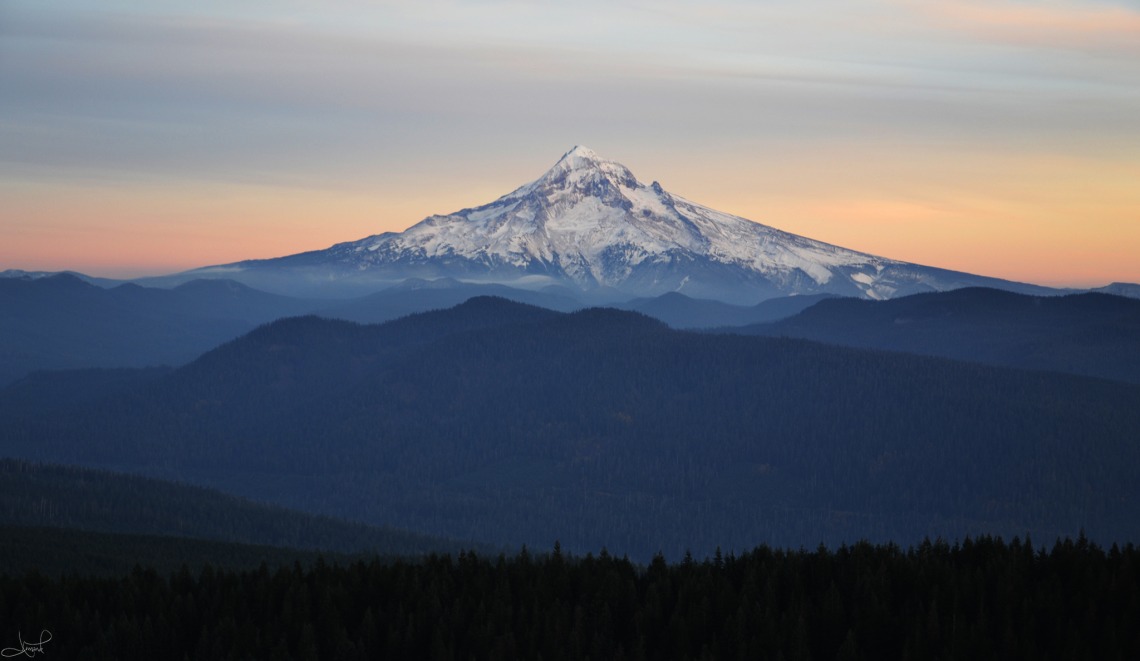 Mount Hood at dusk, viewed from a distance