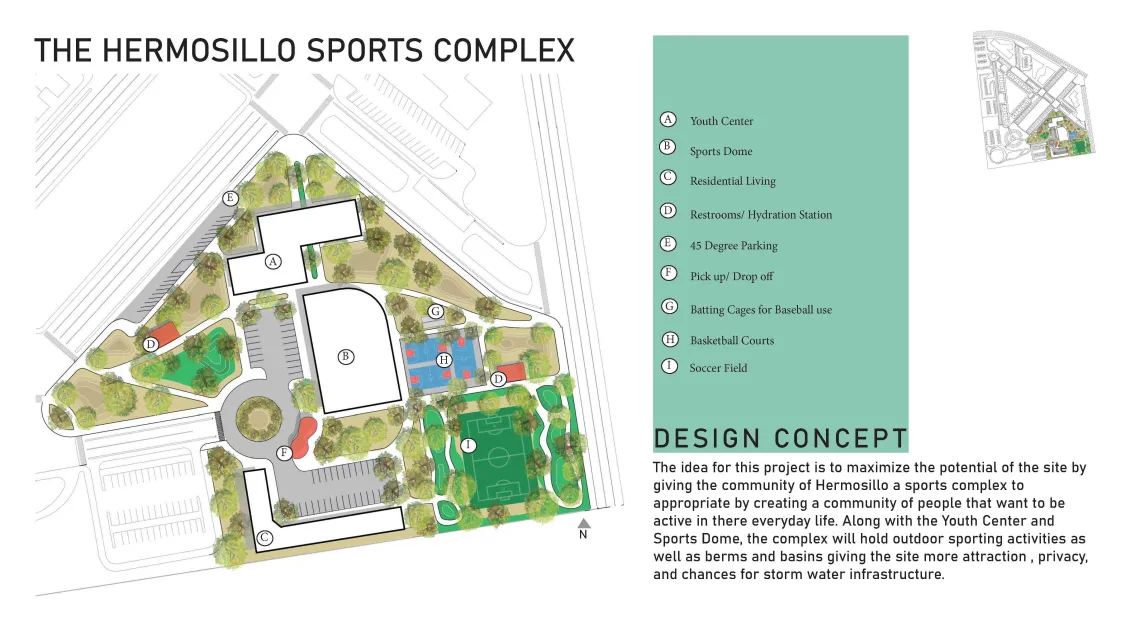 An overhead view of a concept design for a vacant site in Hermosillo, Mexico