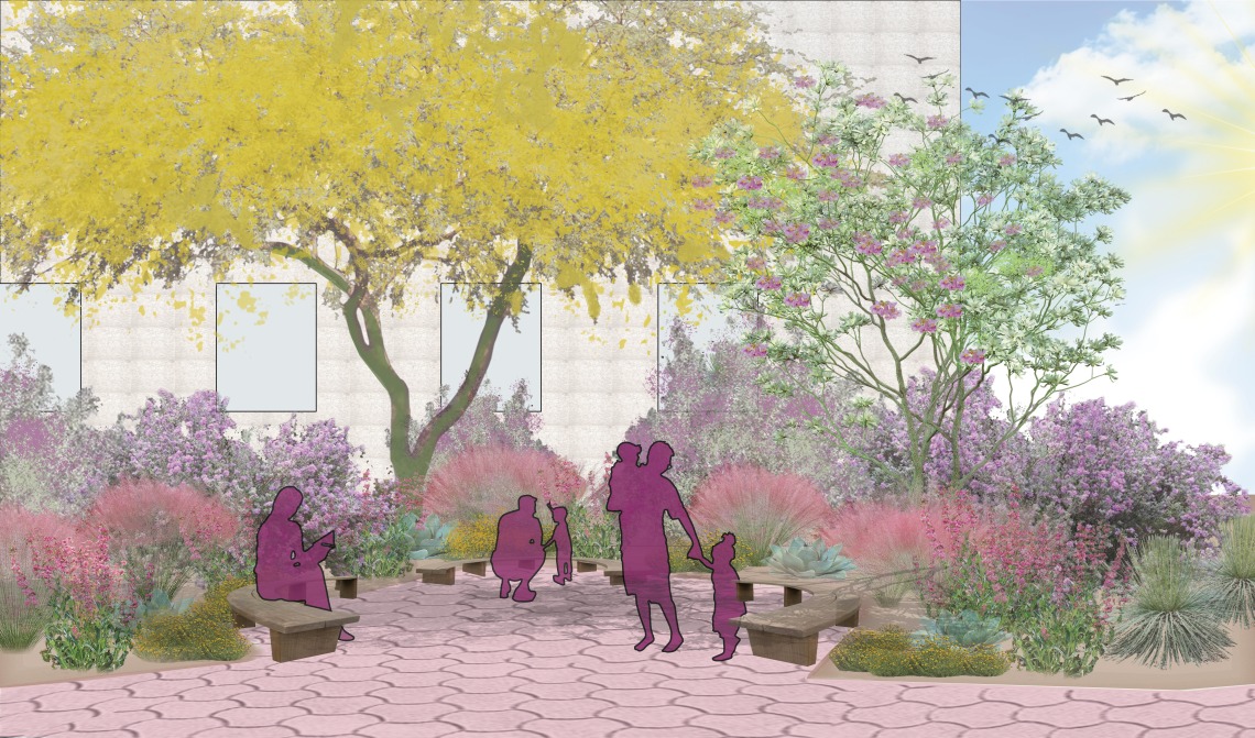 Perspective render of a garden and people sitting and walking through the garden.
