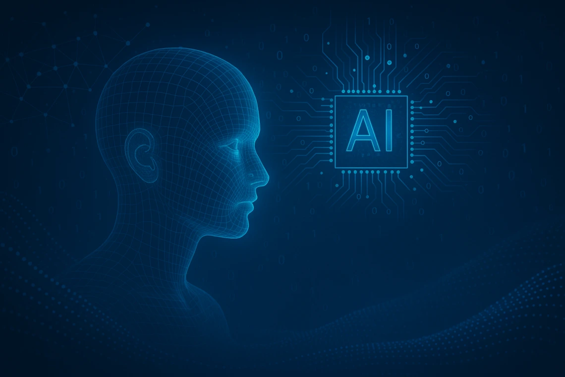 Computer generated image of a human face in profile looking at a computer chip imprinted with "AI"