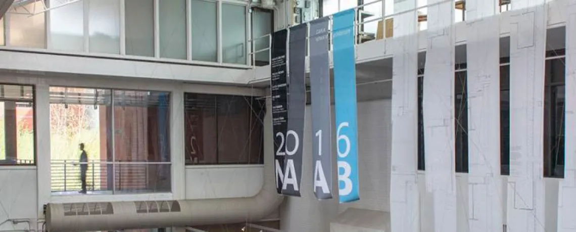 Accreditation banners hanging in Sundt Gallery