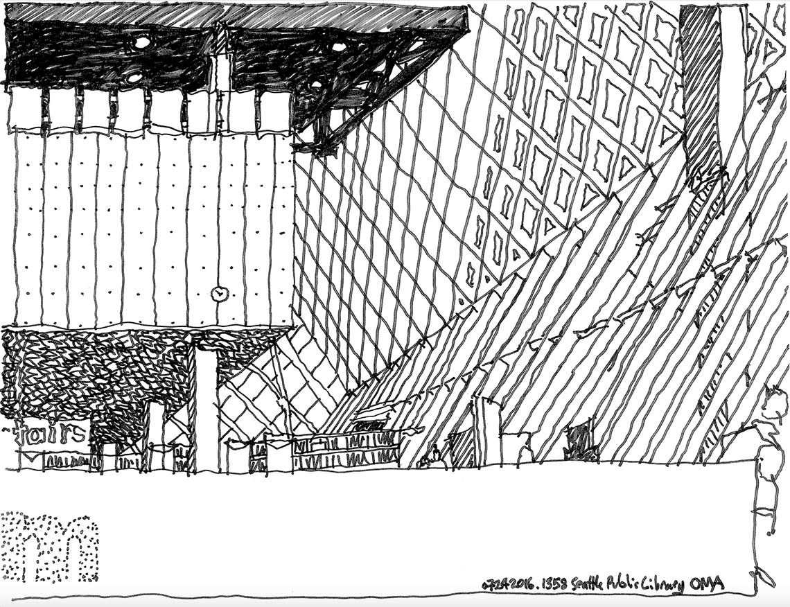 Seattle Public Library drawing by Robert Miller