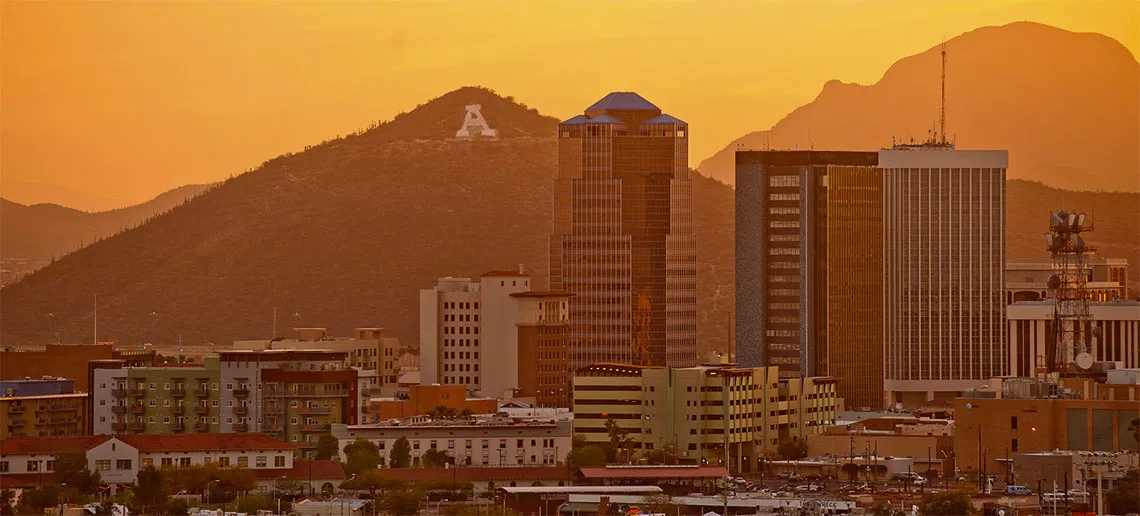 Downtown Tucson and Sentinel Peak at sunset