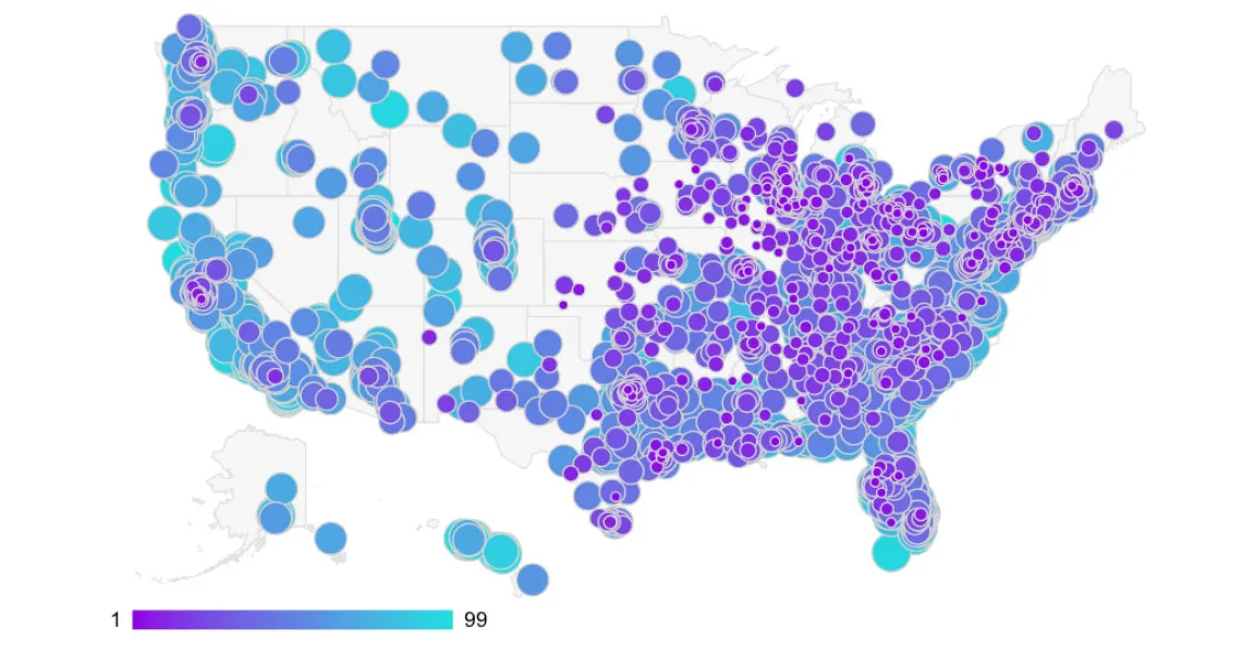 WalletHub U.S. map of cities with most overleveraged mortgage debtors