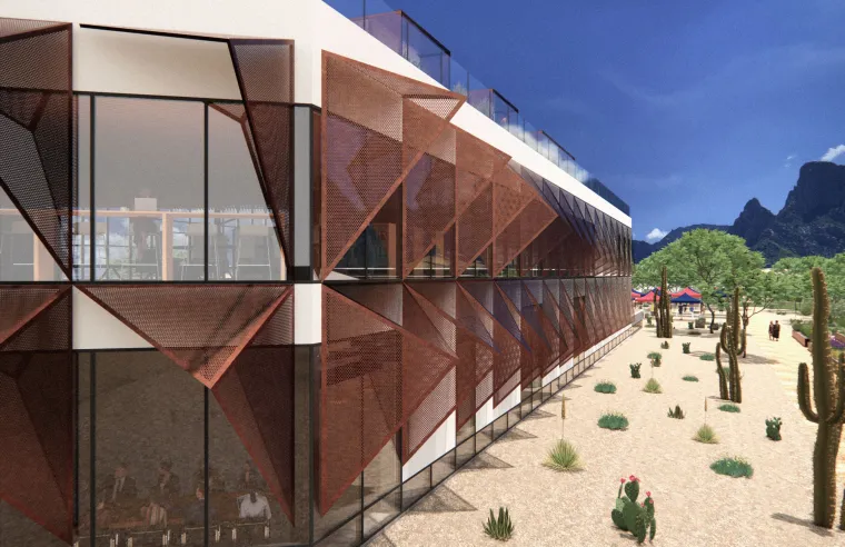 design of building with mountains and saguaros