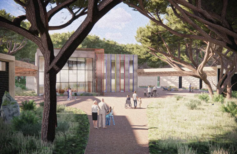 building with trees