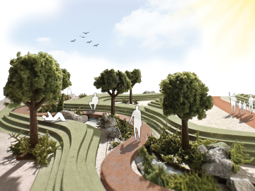 A rendering of De Anza Park with trees and trails. 