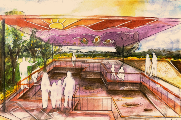 A watercolor painting of a cultural center project.